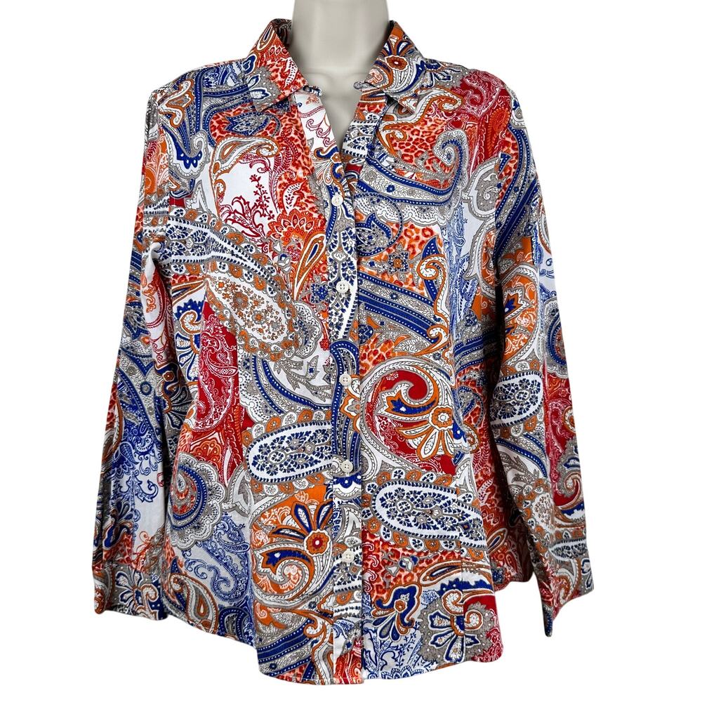 Chico's Blouse Top Button Front Wrinkle Resistant Paisley Blue Chico 2 US L